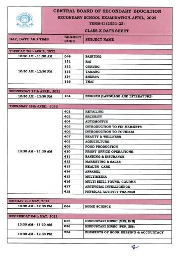 CBSE Class Xth Term II Exam 2022 Time Table