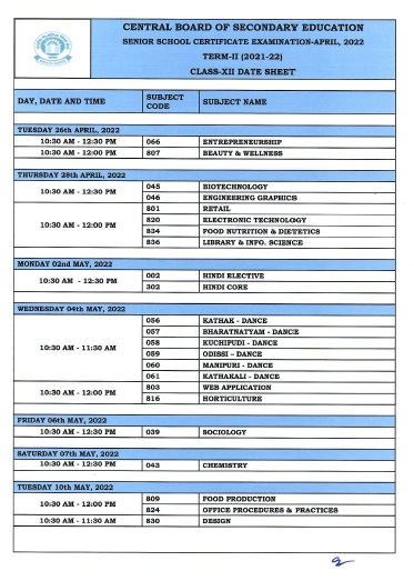 CBSE Class XIIth Term II Exam 2022 Time Table