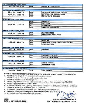 CBSE Class XIIth Term II Exam 2022 Time Table