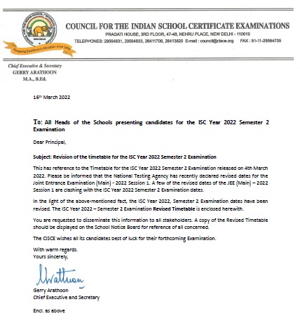 Circular of Class XII Sem 2 Exam dates changed - 2022 Year