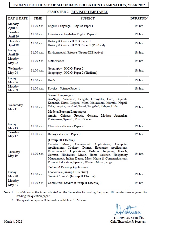 ICSE Class X Sem 2 exams revised time table 2022